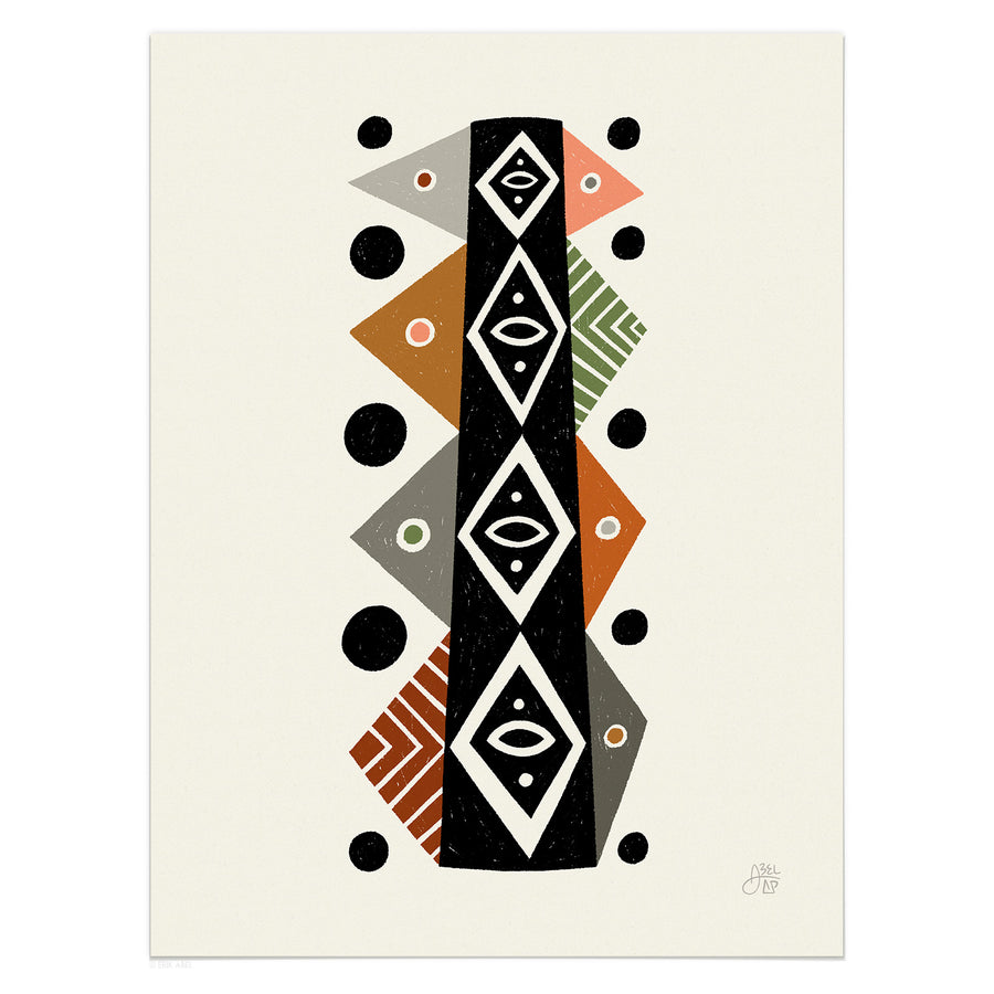 9x12 Mid-century inspired totem design and fine art print on bamboo paper by Erik Abel