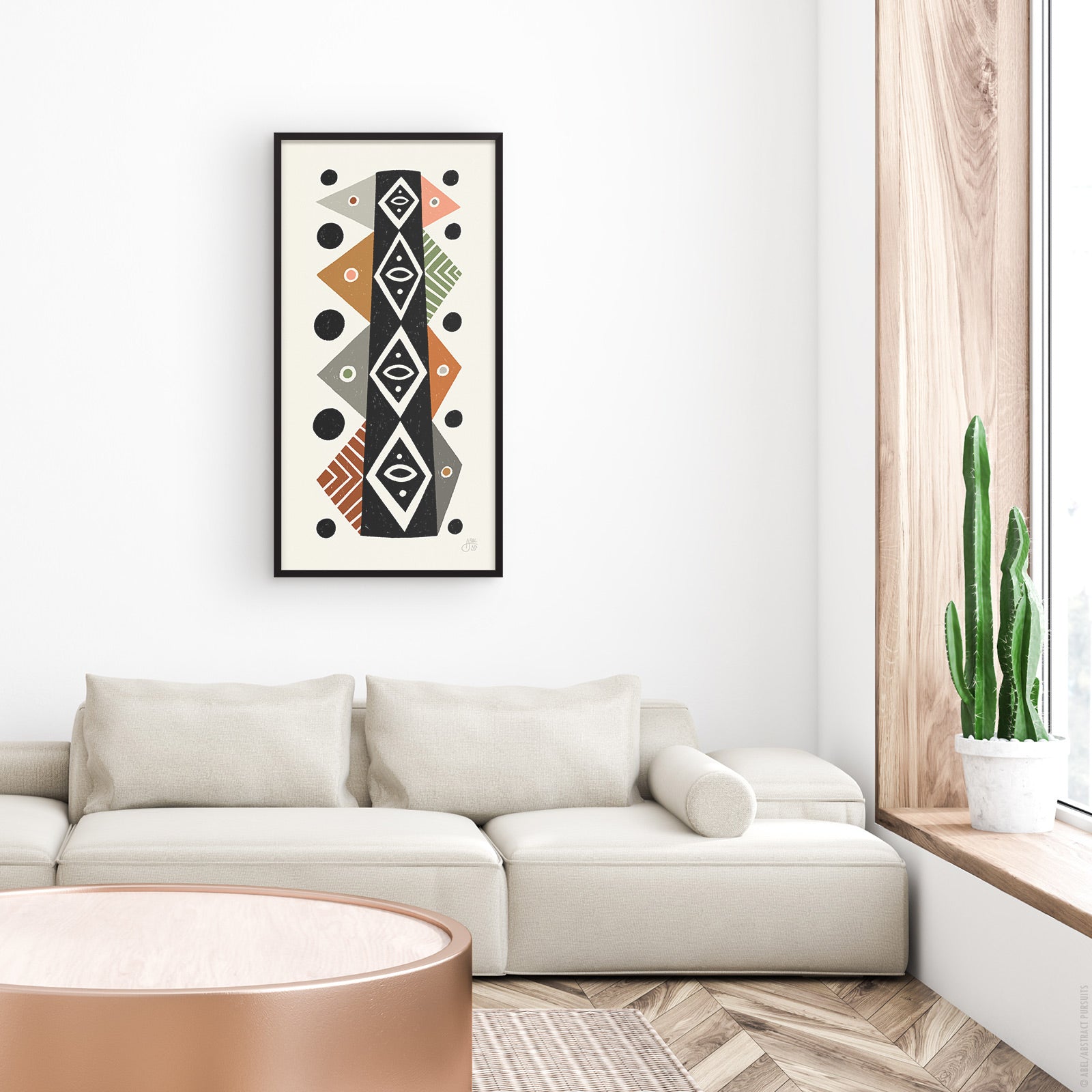 Framed Mid-century inspired totem design and fine art print on bamboo paper on wall by Erik Abel