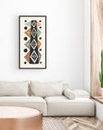 Framed Mid-century inspired totem design and fine art print on bamboo paper on wall by Erik Abel