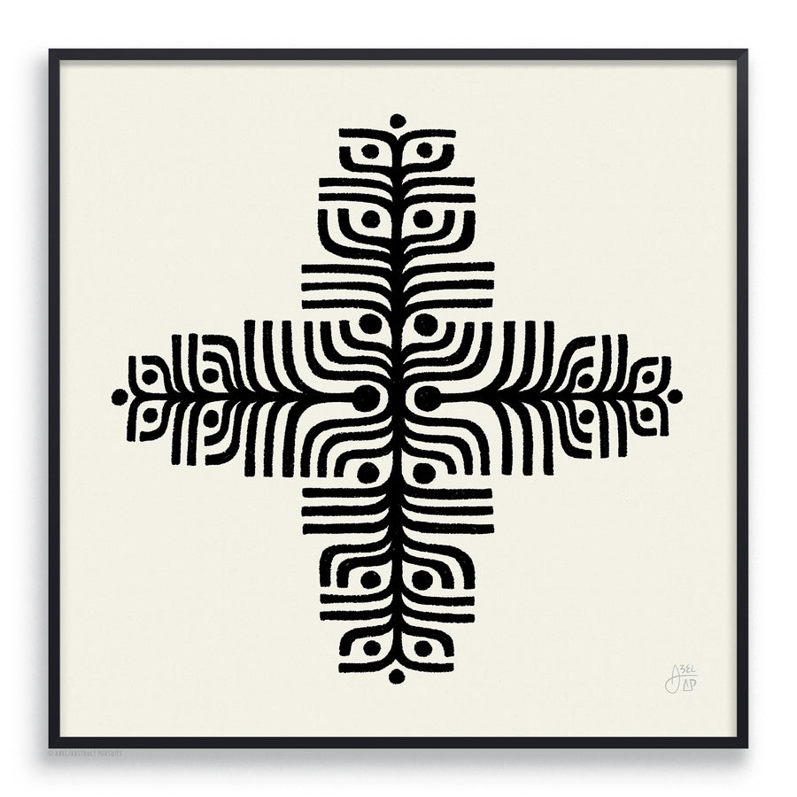 Black framed, Black and white primitive mandala art design print by Erik Abel