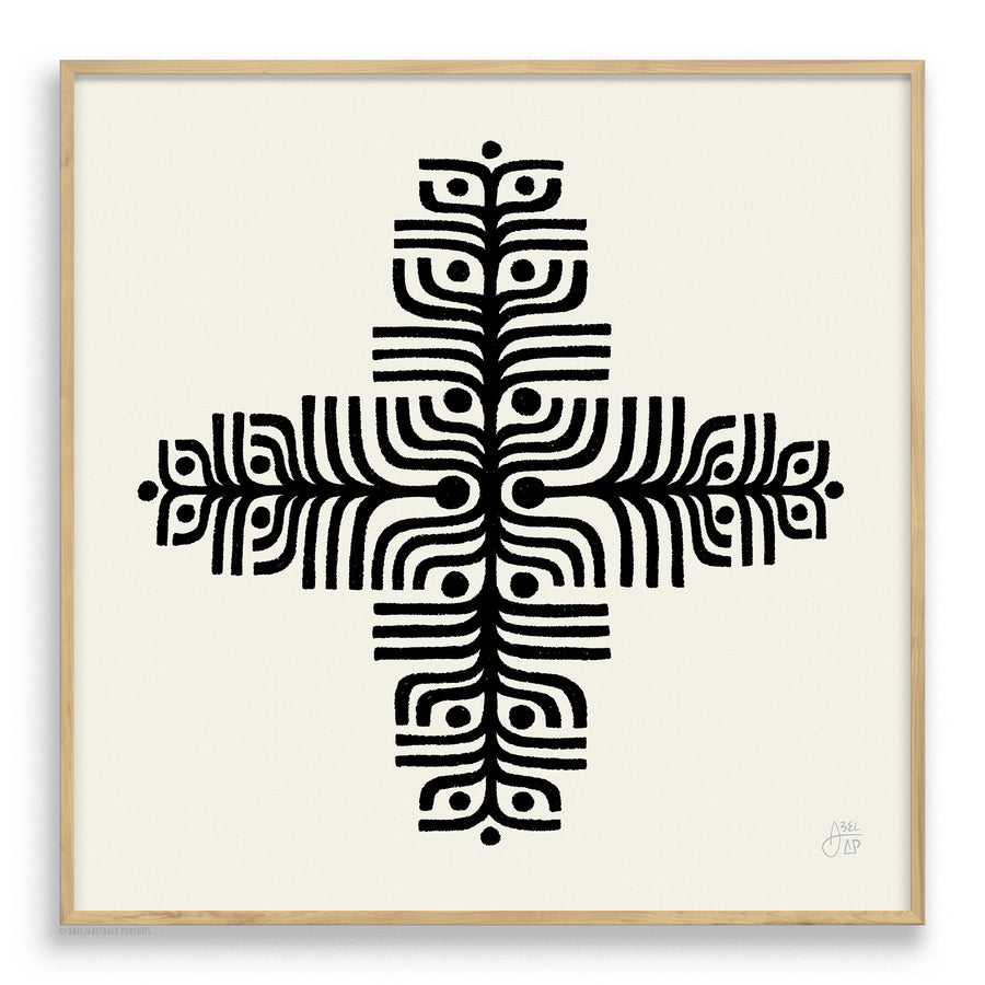Wood framed Black and white primitive mandala art design print by Erik Abel