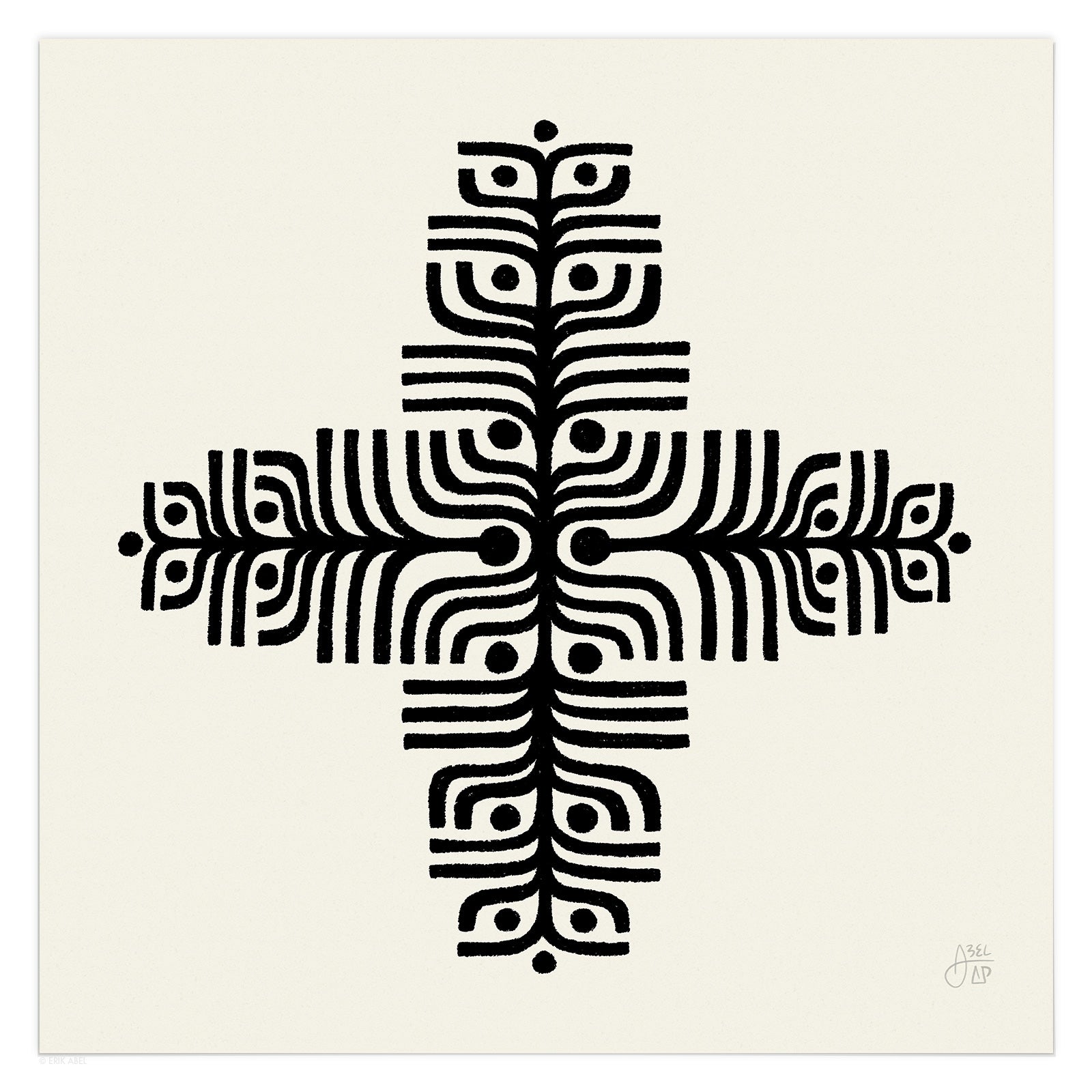Black and white primitive mandala art design print by Erik Abel