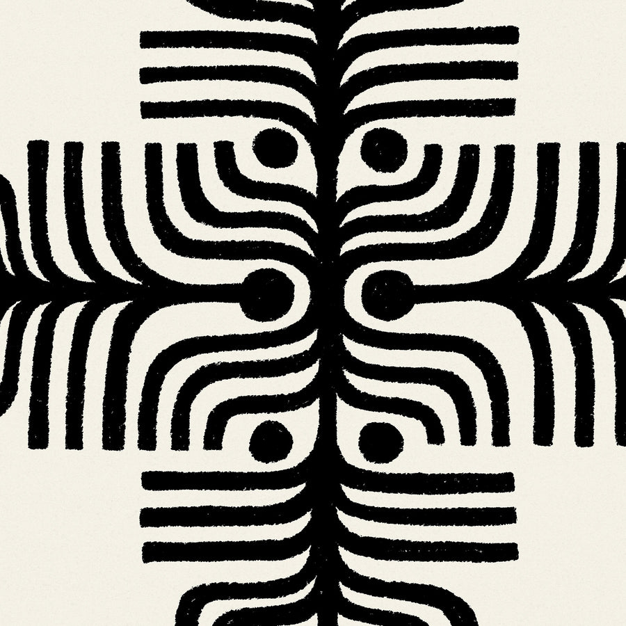 Detail view Black and white primitive mandala art design print by Erik Abel