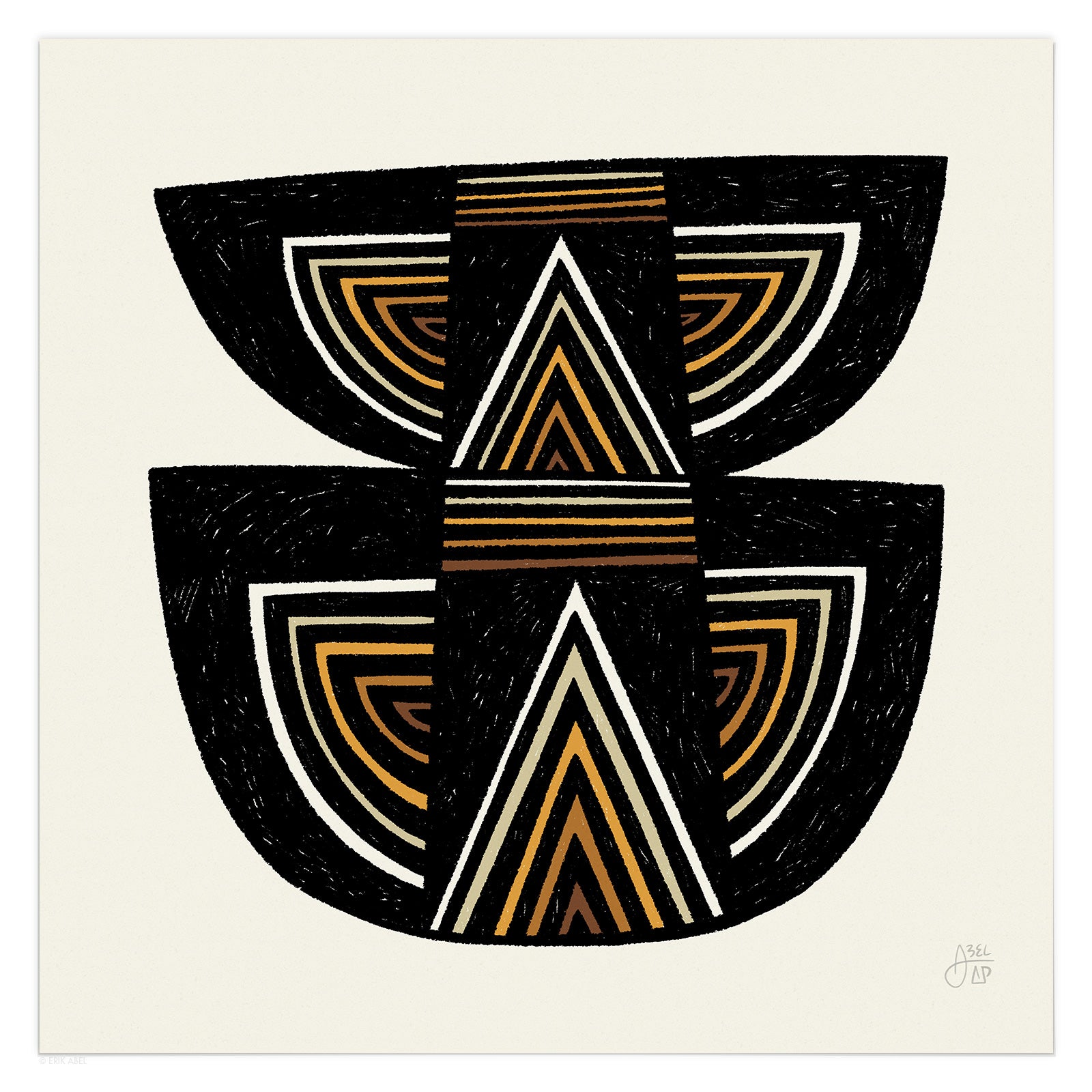 An abstract black and earth-toned temple design. Art print on bamboo paper by Erik Abel