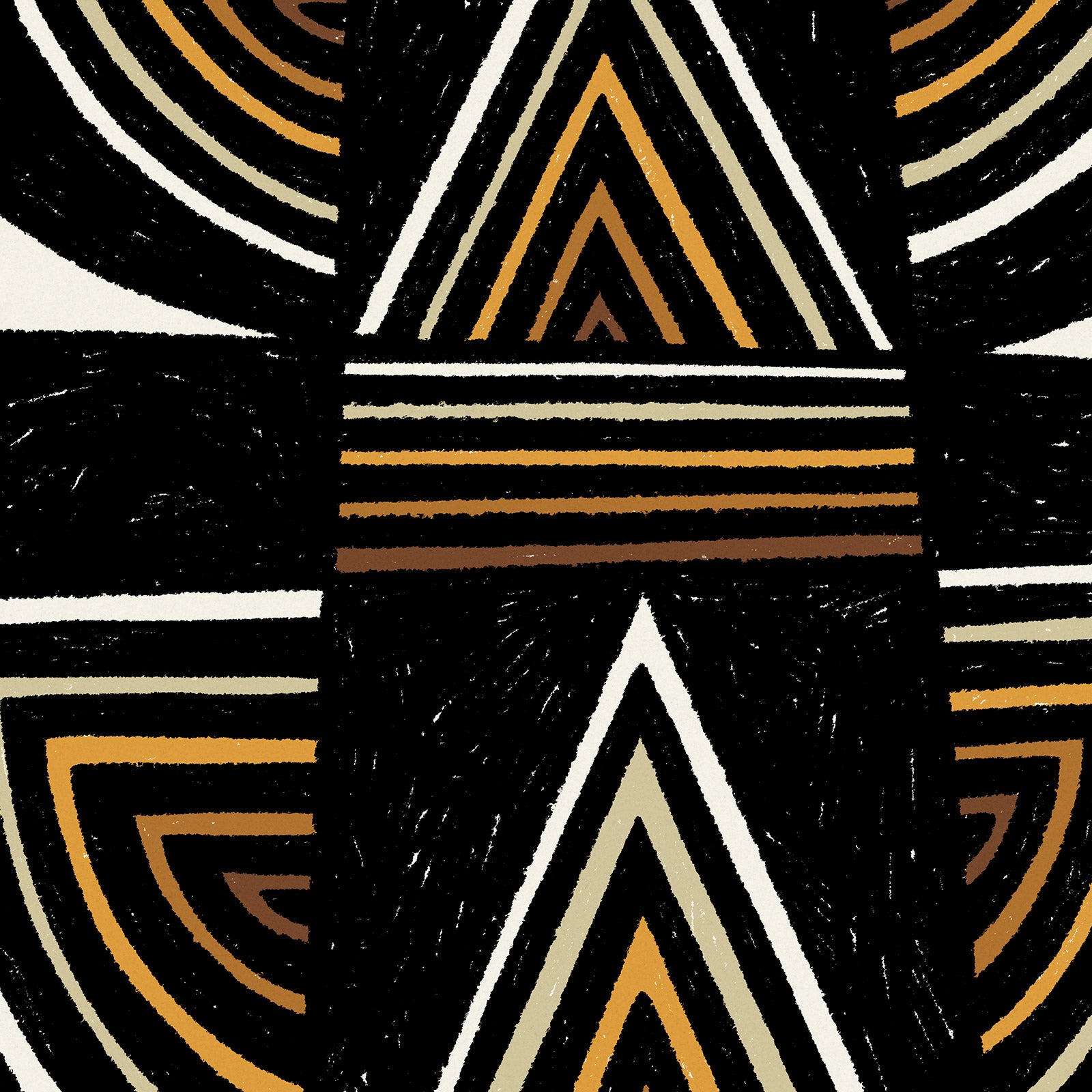 An abstract black and earth-toned temple design. Art print on bamboo paper by Erik Abel
