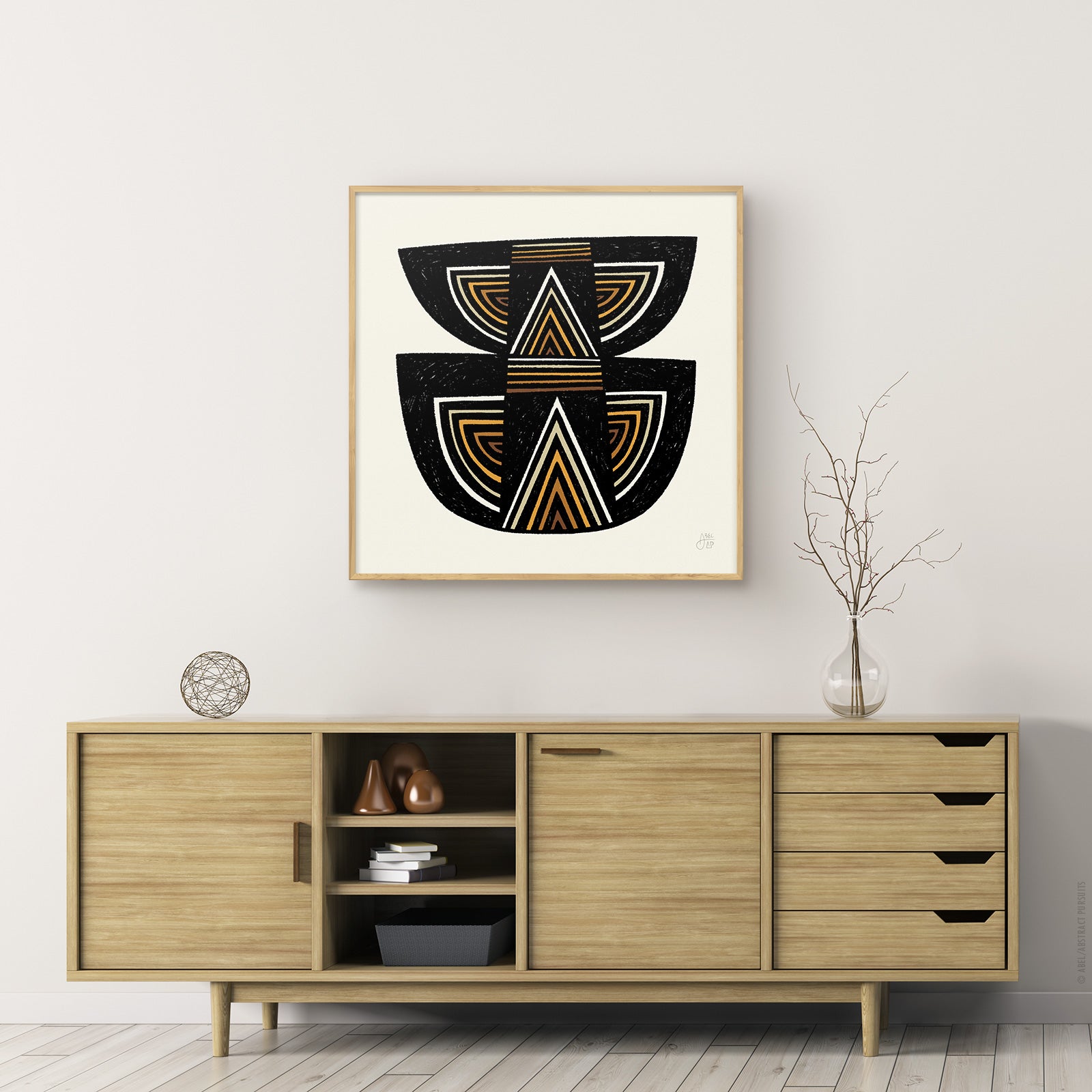 Hickory framed earth-toned temple design. Art print on bamboo paper by Erik Abel