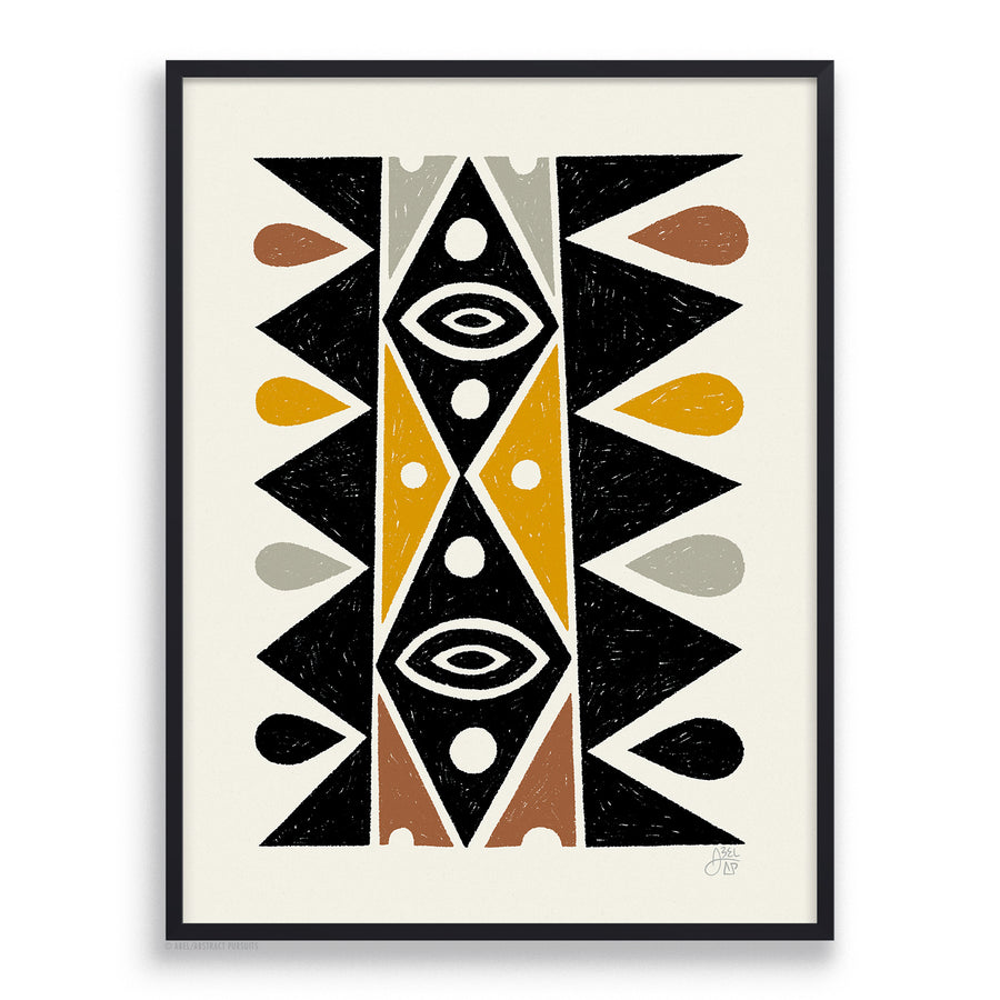Framed Black and earth colored totem inspired by mid-century design. Bamboo art print by Erik Abel