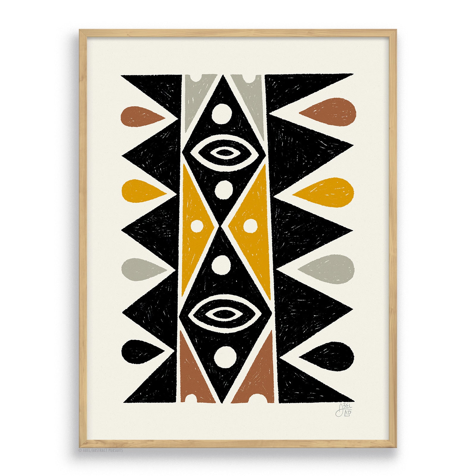 Hickory Framed Black and earth colored totem inspired by mid-century design. Bamboo art print by Erik Abel