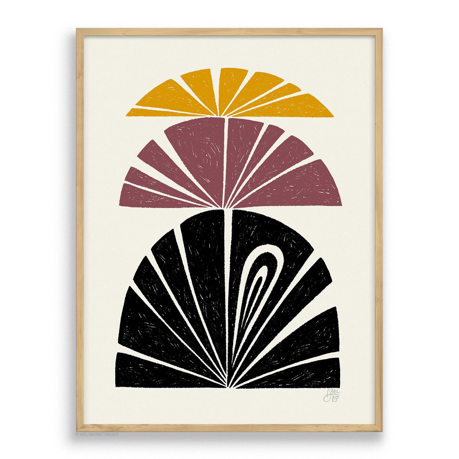 Hickory framed, yellow, purple and black Abstract plant flower stack design, bamboo paper art print by Erik Abel