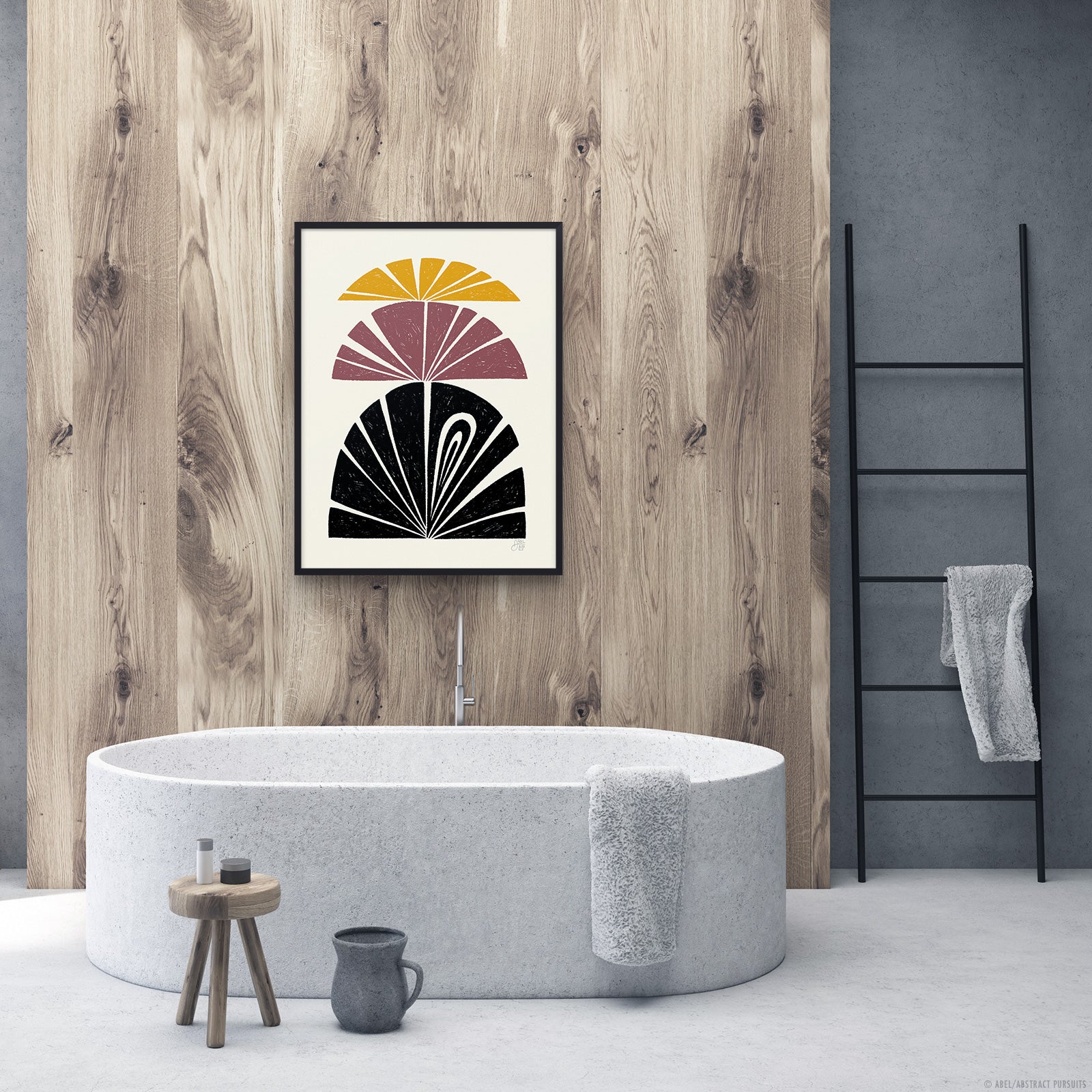 yellow, purple and black Abstract plant flower stack design framed in room, bamboo paper art print by Erik Abel